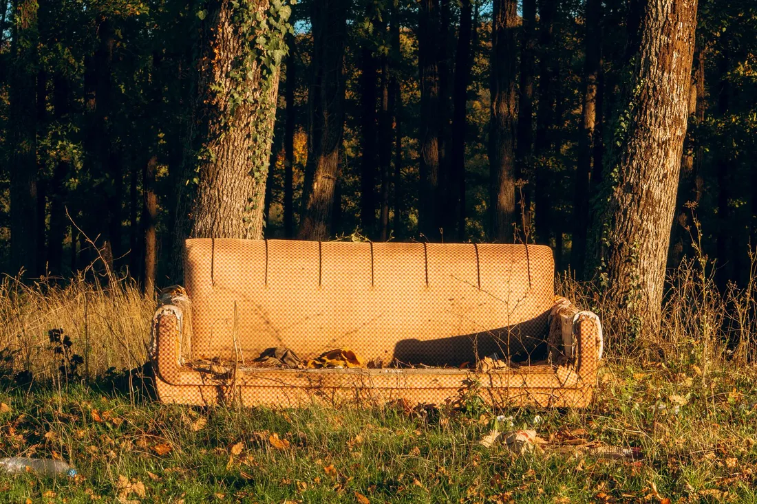Ausgedientes Sofa mit aufgerissener Polsterung steht im herbstlichen Gras am Waldrand und wartet auf Abholung.